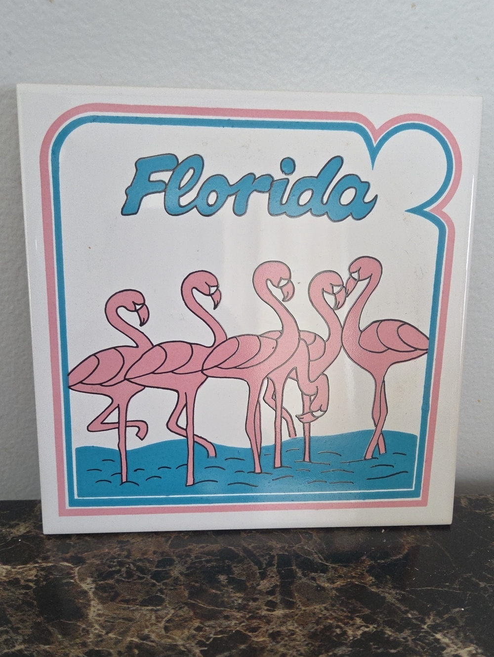Vintage Florida Pink Flamingo tile kitchen trivet wall decor Cork Made In Taiwan
